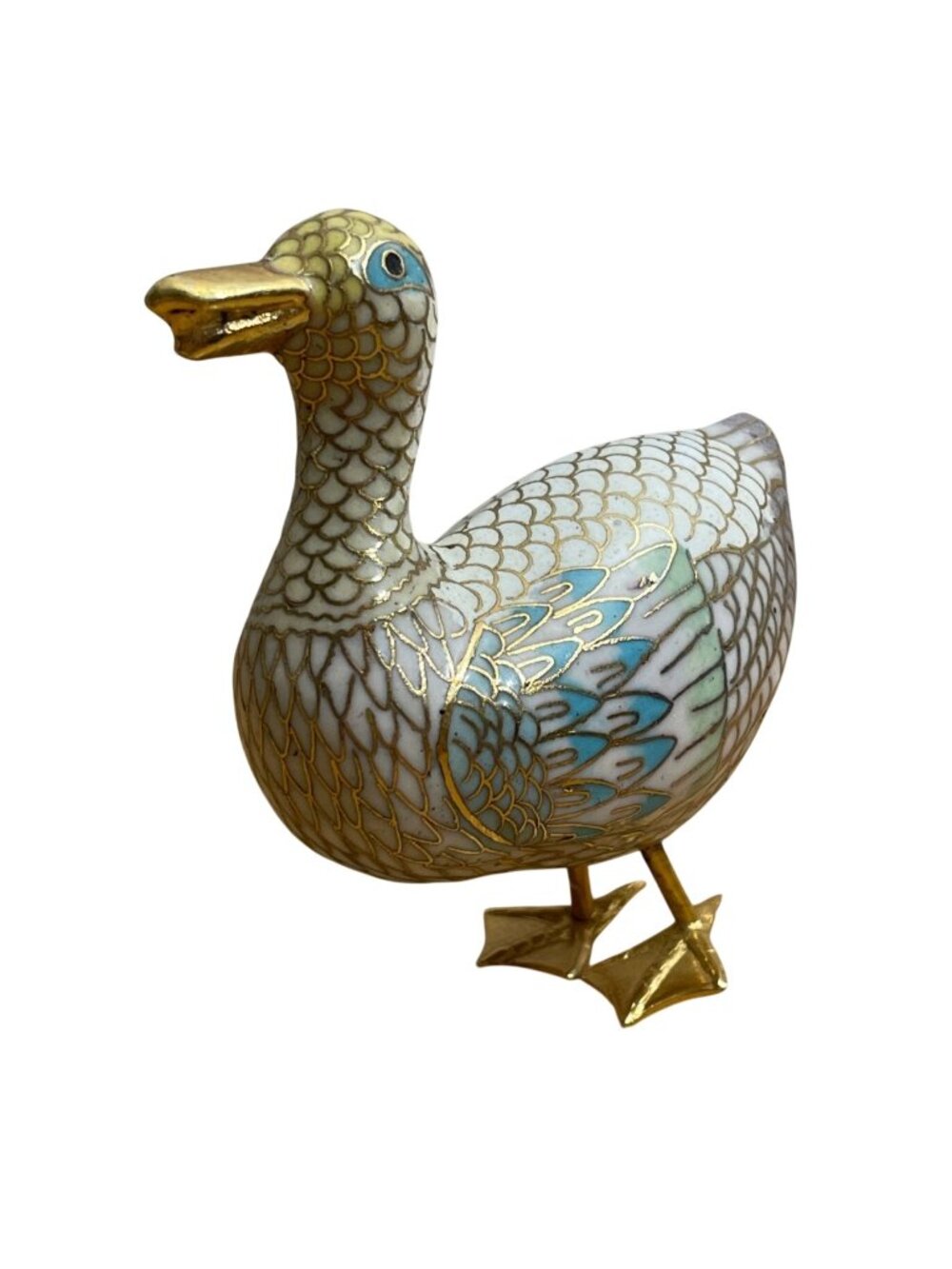 Vtg Cloisonné Duck Figure Gold Brass Intricate Detailing Hand-Painted Blue Green